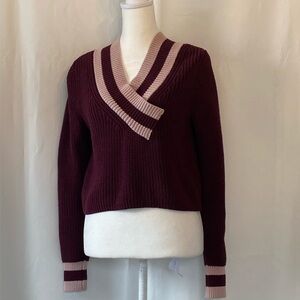 525 Womens Burgundy 100% Cotton V-Neck Sweater XS Preppy Academia Chunky Knit